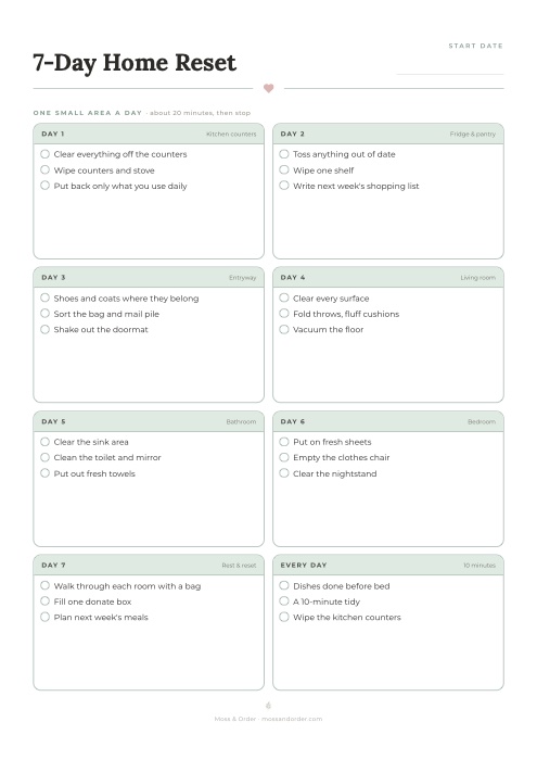 7-Day Home Reset free printable