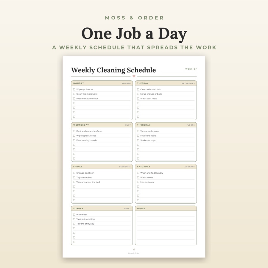 Printable weekly cleaning schedule by Moss and Order