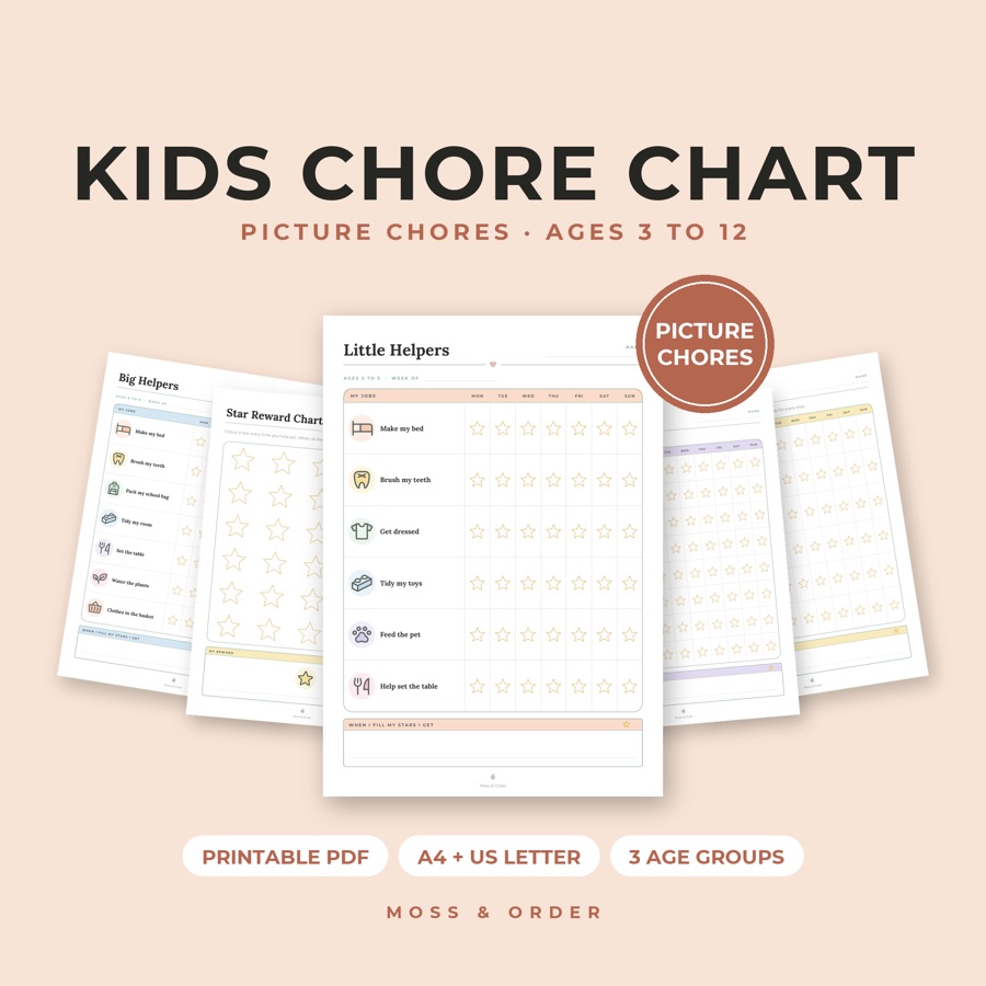 Kids chore chart printable with picture chores for ages 3 to 12